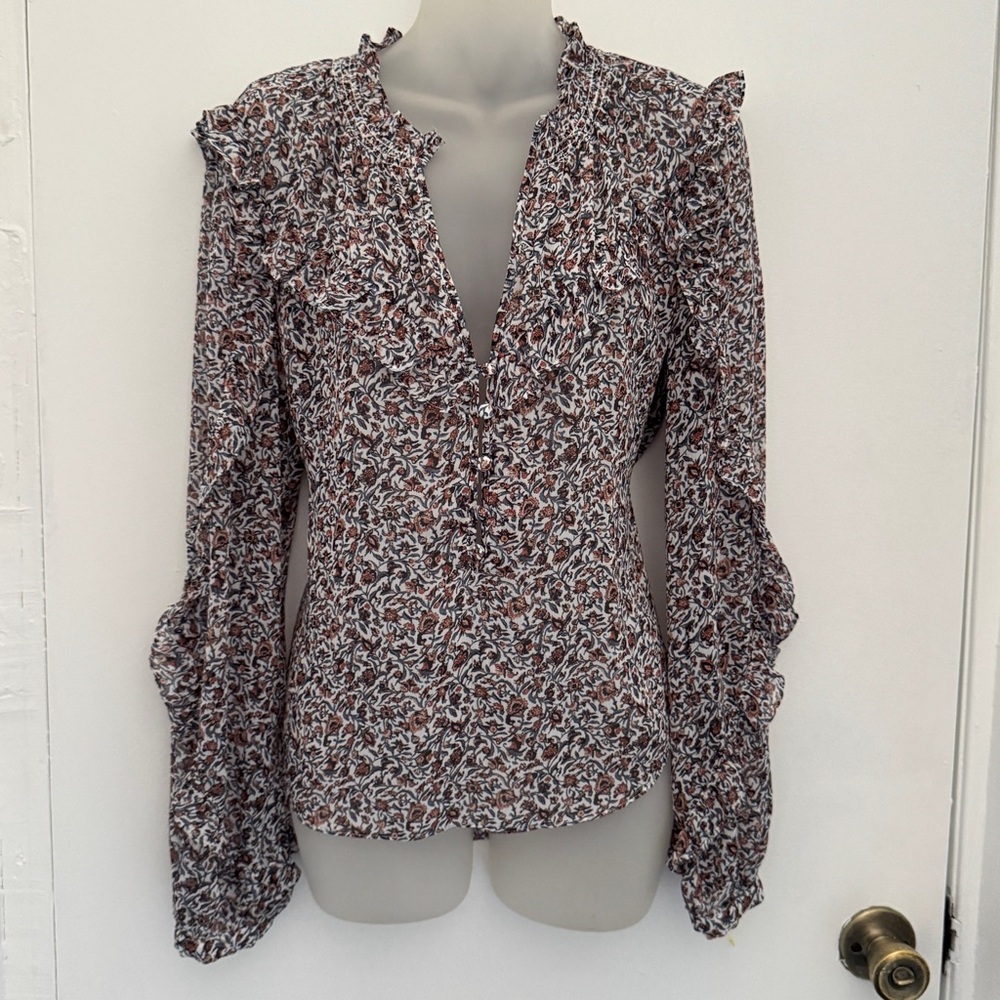 VERONICA BEARD Blouse Mulitcolor Semi-Sheer Long Sleeve Ruffles Retro Boho